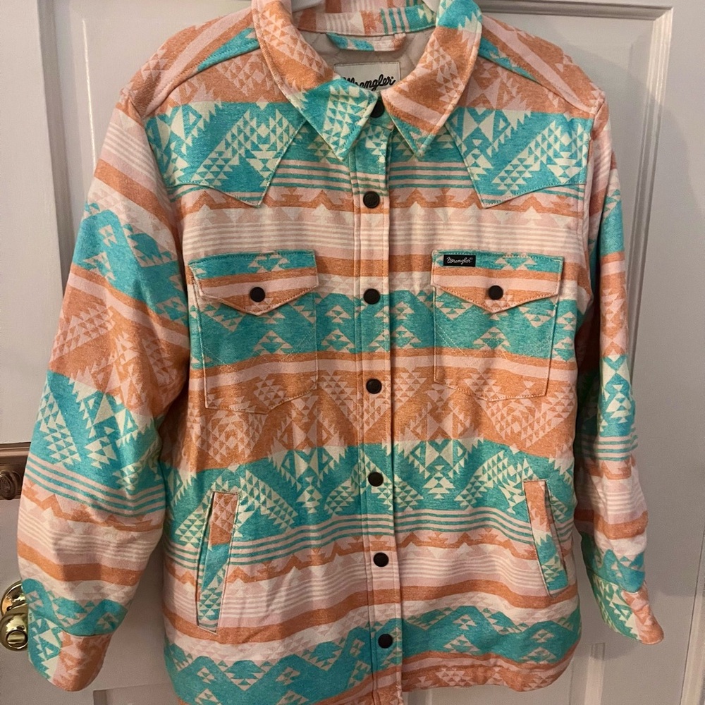 Wrangler Women's Teal and Orange Patterned Utility Jacket